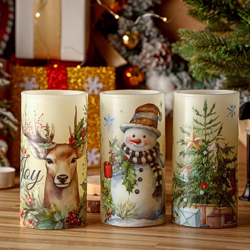 ROCEEI Store 3 Pcs Winter Retro Candles Vintage Style Battery Operated LED Candles Winter Retro Pillar Flickering Real Wax Decorations for Indoor Table Decor Happy New Year Gifts Holiday Party - Image 5